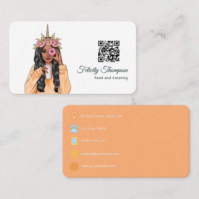 Carte De Visite Code QR de catering alimentaire Dame Licorne Donut (Devant / Derrière)