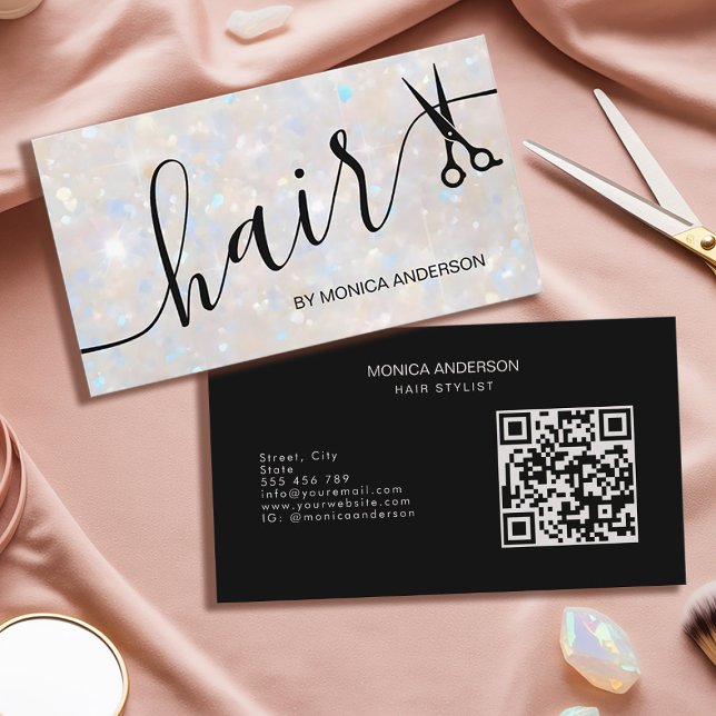 Carte De Visite Code QR de ciseaux élégants à paillettes d'opale p (Elegant Opal Glitter Hair Script Scissors QR Code Business Card)
