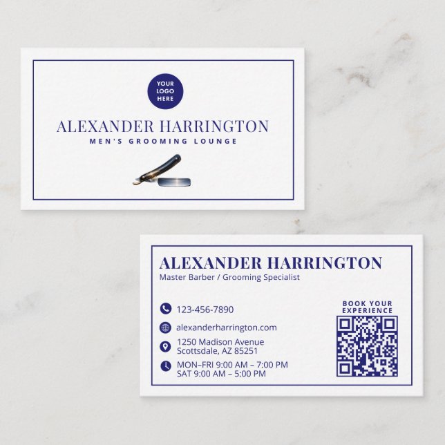 Carte De Visite Code QR de coiffeur barbier bleu (Devant / Derrière)