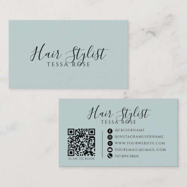 Carte De Visite Code QR de coiffeur bleu-vert poussiéreux (Devant / Derrière)