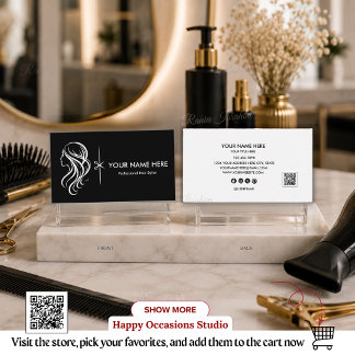 Carte De Visite Code QR de coiffeur éditable, Salon noir et blanc