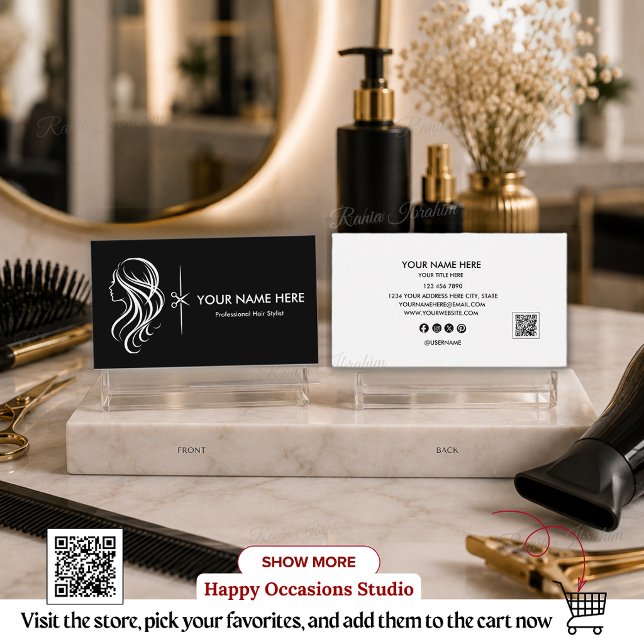 Carte De Visite Code QR de coiffeur éditable, Salon noir et blanc (Créateur téléchargé)