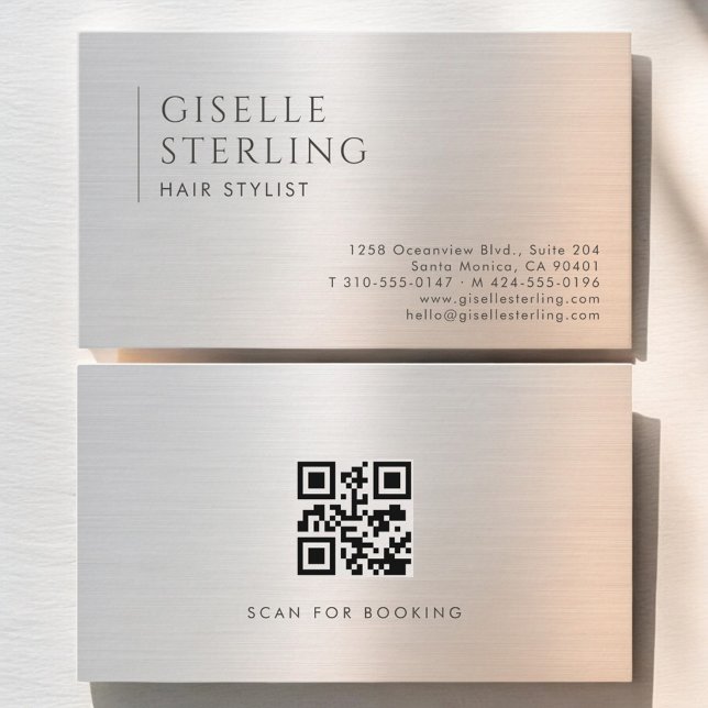 Carte De Visite Code QR de coiffeur Métal brossé (Créateur téléchargé)
