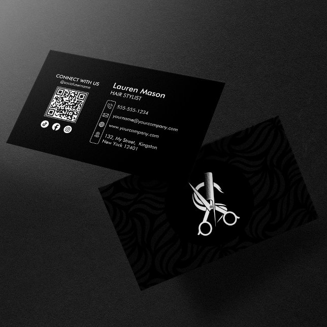 Carte De Visite Code QR de coiffeur pour cheveux noirs élégants (Créateur téléchargé)