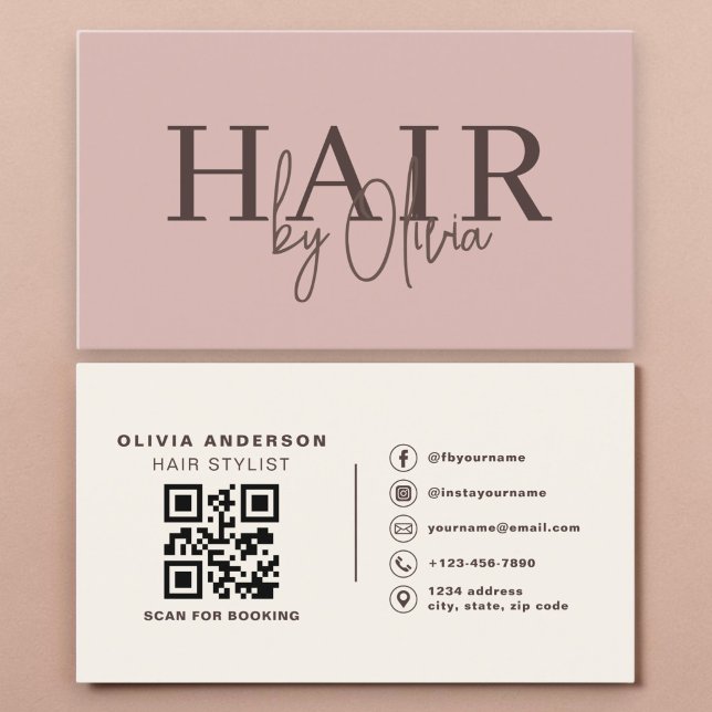Carte De Visite Code QR de coiffeur pour cheveux rose poudré (Créateur téléchargé)