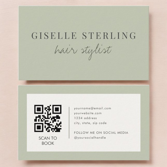Carte De Visite Code QR de coiffeur vert sauge (Créateur téléchargé)