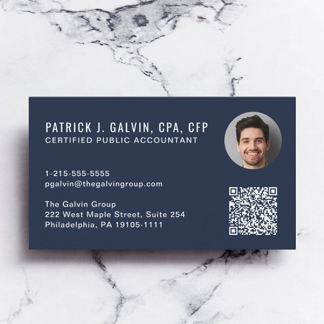 Carte De Visite Code QR de comptable CPA Photo Bleu (CPA Accountant QR Code Blue Photo Business Card)