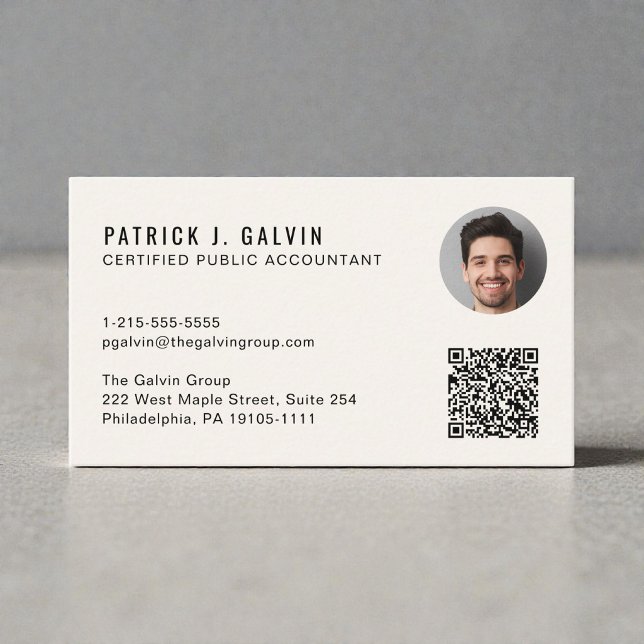 Carte De Visite Code QR de comptable CPA Photo Crème (CPA Accountant QR Code Photo Cream Business Card)