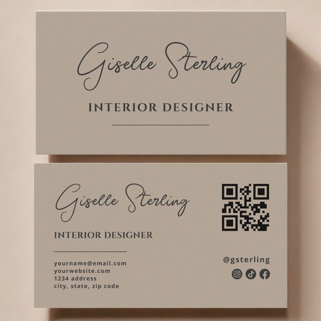 Carte De Visite Code QR de concepteur d'intérieur taupe neutre en  (Créateur téléchargé)