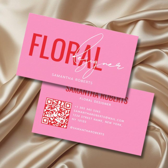 Carte De Visite Code QR de concepteur floral moderne rose (Créateur téléchargé)