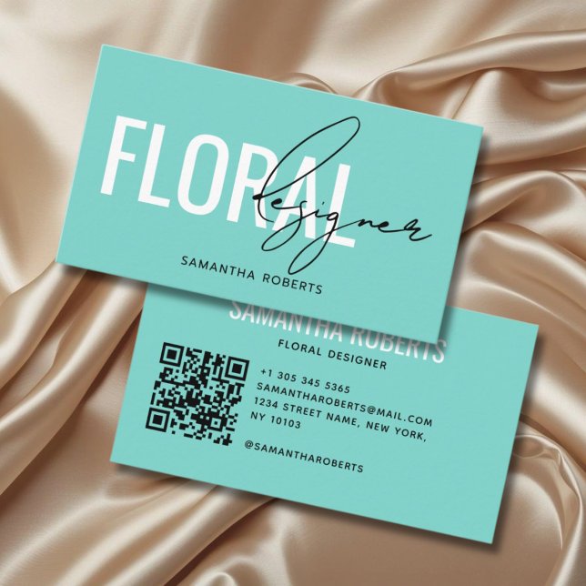 Carte De Visite Code QR de concepteur floral moderne sarcelle (Créateur téléchargé)