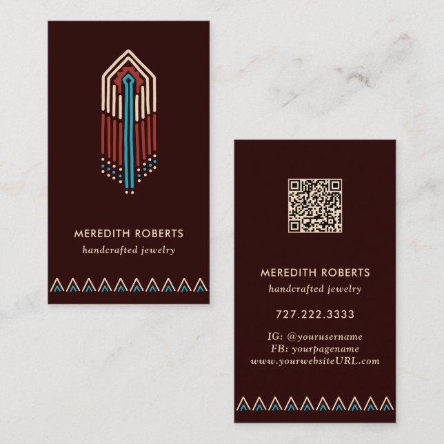 Carte De Visite Code QR de conception tribale turquoise en terre c (Devant / Derrière)