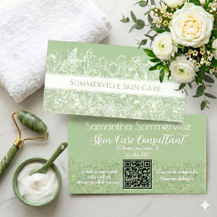 Carte De Visite Code QR de Conseiller en Soins de Peau Floral Vert