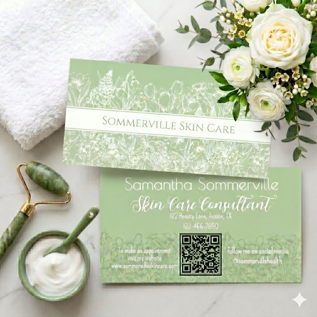 Carte De Visite Code QR de Conseiller en Soins de Peau Floral Vert (Créateur téléchargé)
