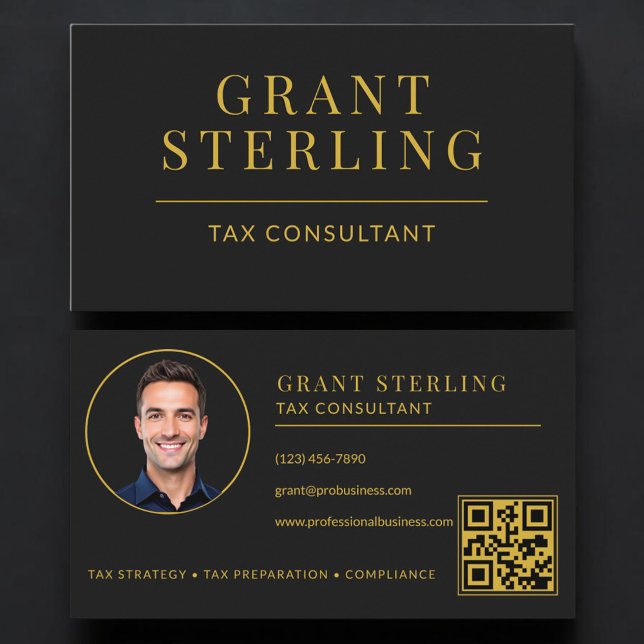 Carte De Visite Code QR de Conseiller Fiscal Noir Or (Créateur téléchargé)