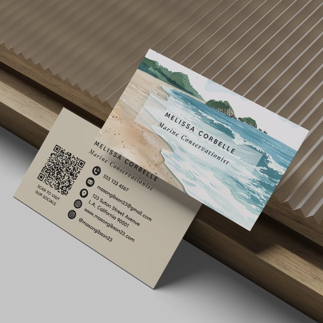 Carte De Visite Code QR de conservateur marin côtier à l'aquarelle (Créateur téléchargé)