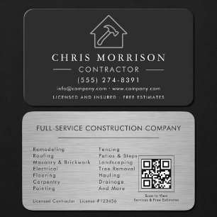 Carte De Visite Code QR de construction de bâtiment en argent méta