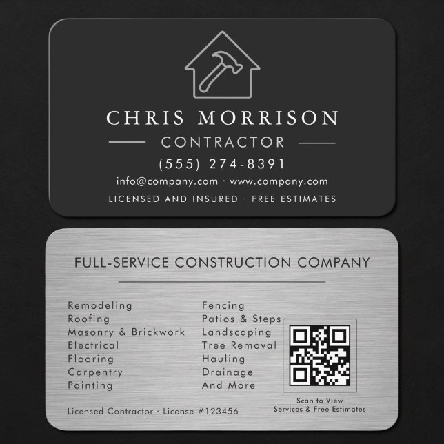 Carte De Visite Code QR de construction de bâtiment en argent méta (Créateur téléchargé)