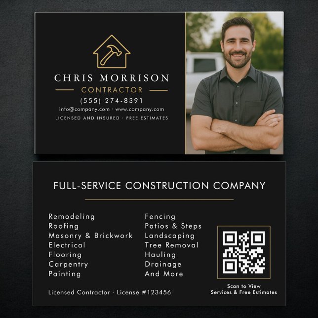 Carte De Visite Code QR de construction de bâtiment Photo Noir Or (Créateur téléchargé)