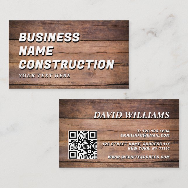 Carte De Visite Code QR de construction en bois Bold Rustique (Devant / Derrière)