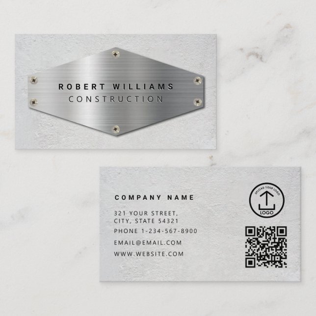 Carte De Visite Code QR de construction métallisé argent béton (Devant / Derrière)