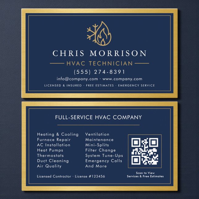 Carte De Visite Code QR de contractuel CVC Bleu marine Métal doré (Créateur téléchargé)