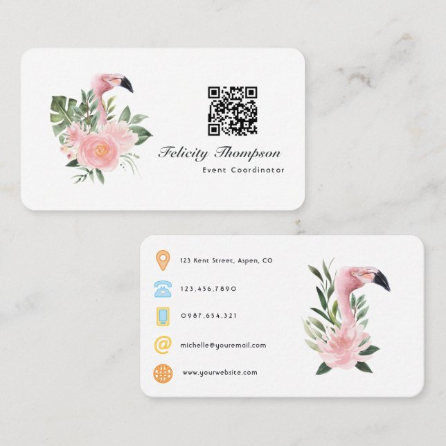 Carte De Visite Code QR de coordinatrice d'événement Flamant Rose  (Devant / Derrière)