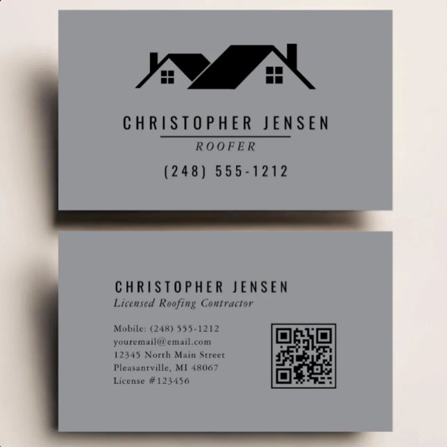 Carte De Visite Code QR de Couvreur Entreprise de Toiture Gris Noi (Créateur téléchargé)