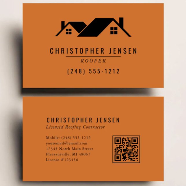Carte De Visite Code QR de Couvreur Entreprise de Toiture Orange B (Créateur téléchargé)