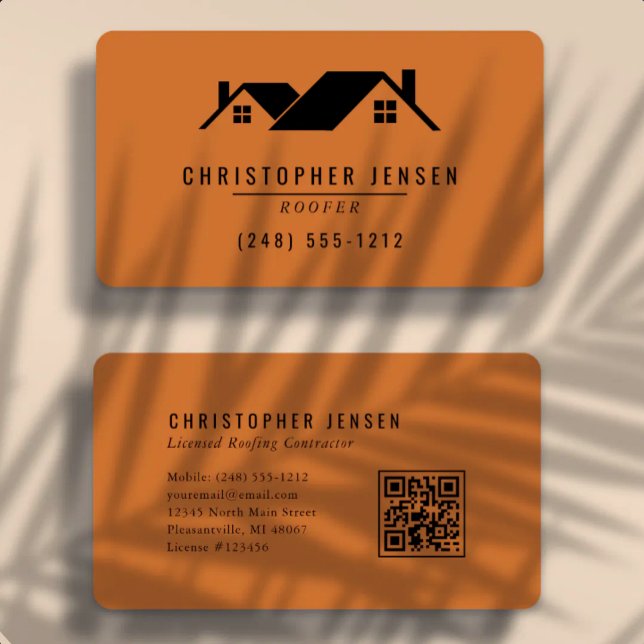 Carte De Visite Code QR de couvreur Orange Brûlé Arrondi (Créateur téléchargé)