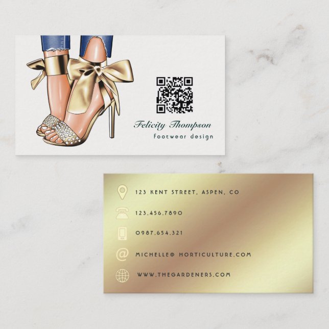 Carte De Visite Code QR de créateur de mode Glam Chic Gold (Devant / Derrière)