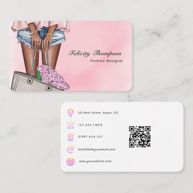 Carte De Visite Code QR de créateur de mode rose et or (Devant / Derrière)
