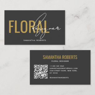 Carte De Visite Code QR de créateur floral moderne gris or
