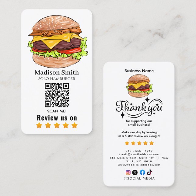 Carte De Visite Code QR de critique de hamburger  (Devant / Derrière)