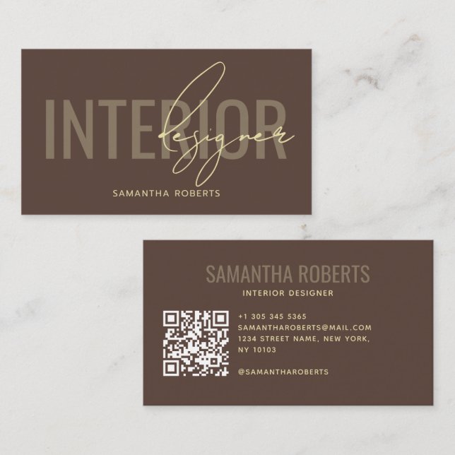 Carte De Visite Code QR de designer d'intérieur moderne marron (Devant / Derrière)