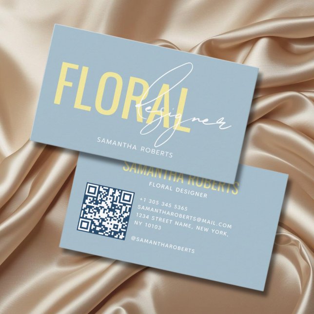 Carte De Visite Code QR de designer floral moderne bleu jaune (Créateur téléchargé)