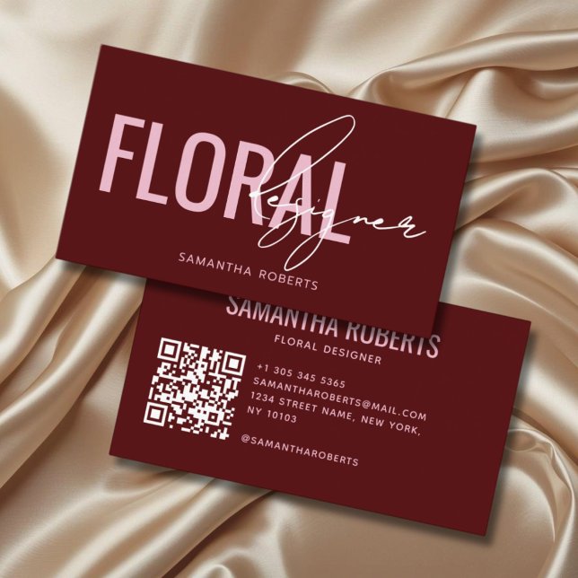 Carte De Visite Code QR de designer floral moderne rouge (Créateur téléchargé)
