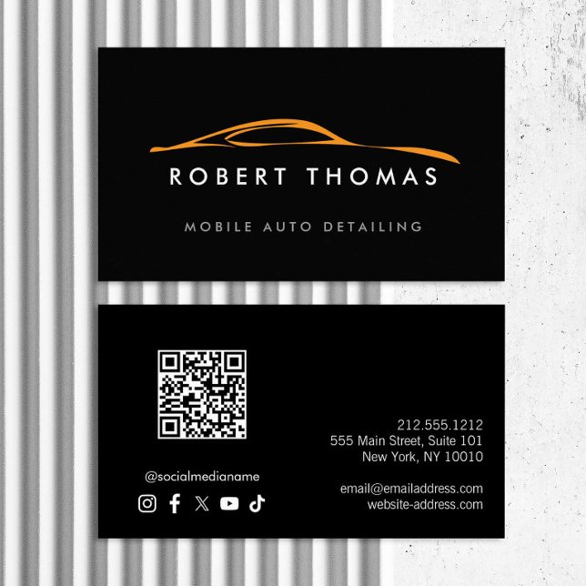 Carte De Visite Code QR de détail automatique noir et orange (Créateur téléchargé)