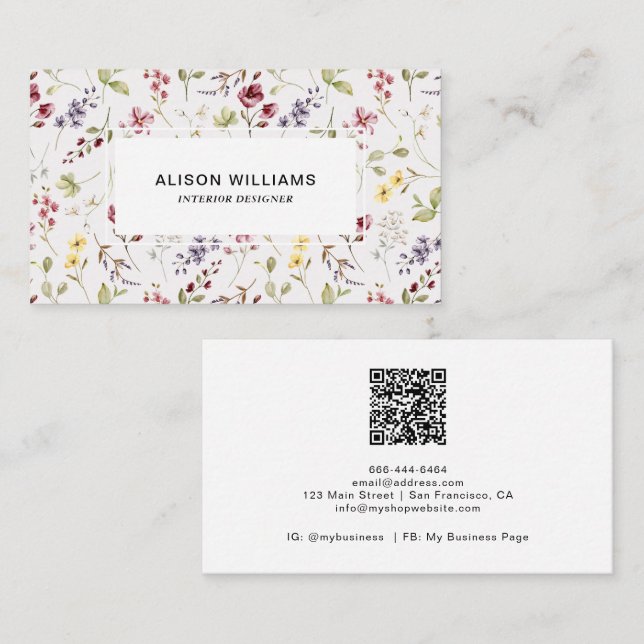 Carte De Visite Code QR de fleur sauvage motif floral de printemps (Devant / Derrière)