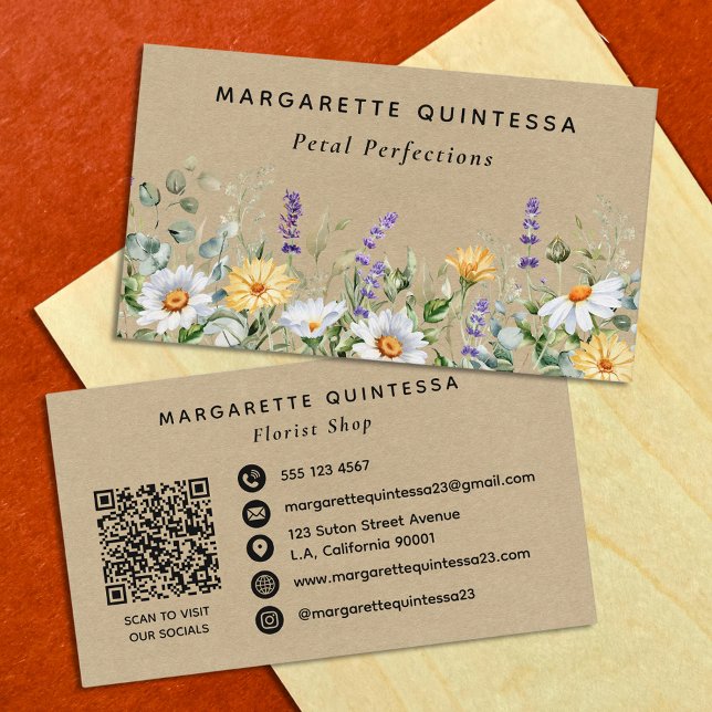 Carte De Visite Code QR de fleuriste à fleurs sauvages aquarelle K (Créateur téléchargé)