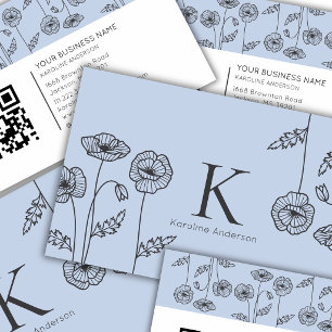 Carte De Visite Code QR de fleurs de pavot bleu clair botanique él