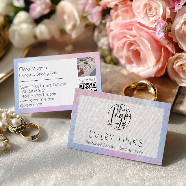 Carte De Visite Code QR de joaillerie permanente chic pastel holog (Holographic Pastel Chic Permanent Jewelry QR Code Business Card)