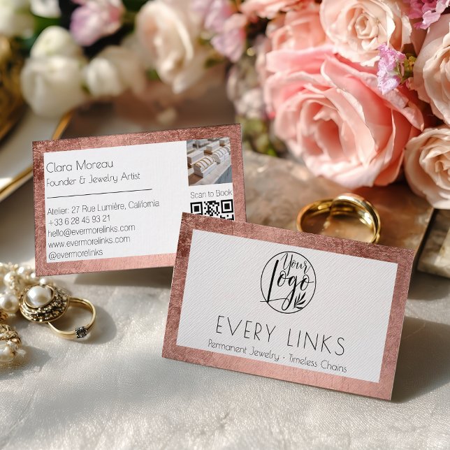 Carte De Visite Code QR de joaillerie permanente élégant en noir e (Elegant Black Rose Gold Permanent Jewelry QR Code Business Card)