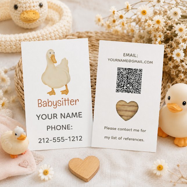 Carte De Visite Code QR de la babysitter Canard Blanc Mignon Cœur (Créateur téléchargé)