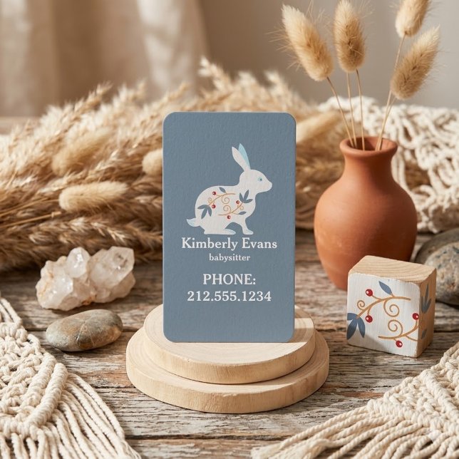 Carte De Visite Code QR de la babysitter SCANDI Lapin Floral Navy  (Créateur téléchargé)
