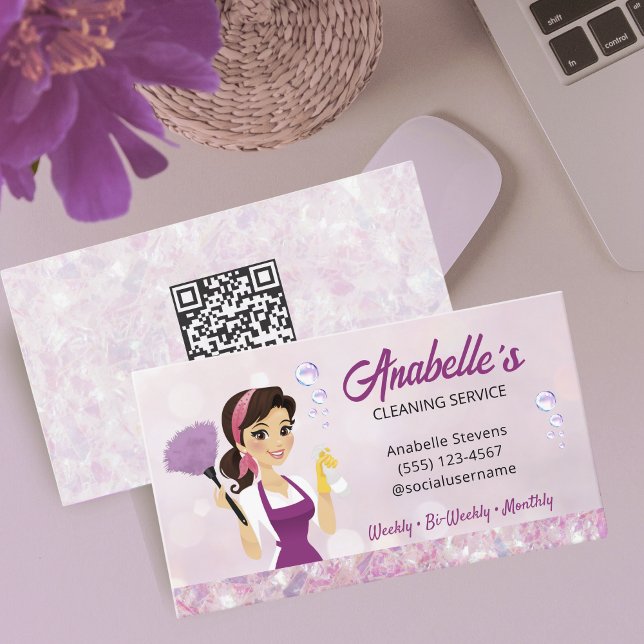 Carte De Visite Code QR de la femme de ménage du service de nettoy (Créateur téléchargé)