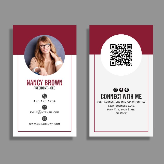 Carte De Visite Code QR de la photo Burgundy Blush Connectez-vous  (Burgundy blush QR code photo design with clean layout—bold, modern, and perfect for networking.)