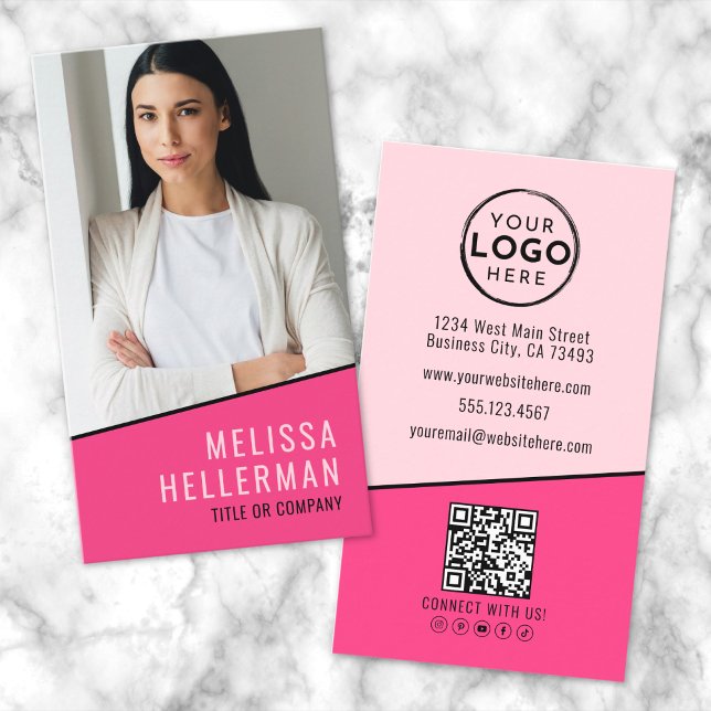 Carte De Visite Code QR de la photo rose vif Logo vertical (Hot Pink Photo QR Code Vertical Logo Business Card)