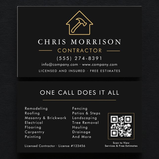 Carte De Visite Code QR de la société de construction Black Gold (Créateur téléchargé)