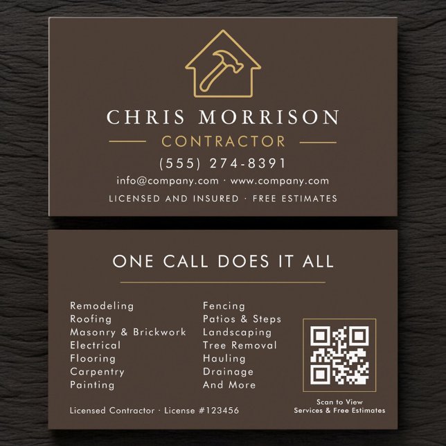 Carte De Visite Code QR de la société de construction Brown Gold (Créateur téléchargé)